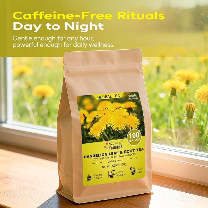 FullChea - Dandelion Leaf & Root Tea Bags, 100 Teabags, 1.5g/bag - Natural Dandelion Herbal Tea for Liver & Kidney Health - Non-GMO - Caffeine-free - Support Digestion & Boost Immune System