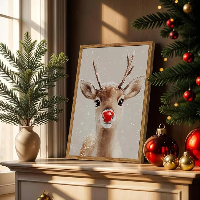 Framed Christmas Wall Art, Vintage Red Nose Reindeer Canvas Wall Decor Paintings, Rustic Winter Cute Deer Pictures Prints Farmhouse Home Decoration for Living Room Bedroom 16×24 inch