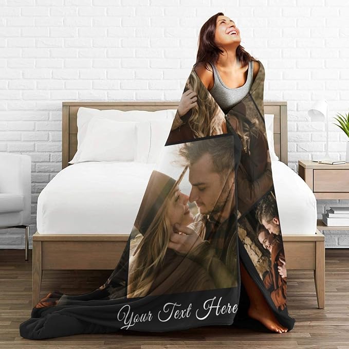 Custom Blanket with Picture Text, Personalized 4 Photo Blanket, HD Printing Customized Flannel Throw Blanket Gifts for Mom Dad Couple Girlfriend Boyfriend Wife Husband Christmas