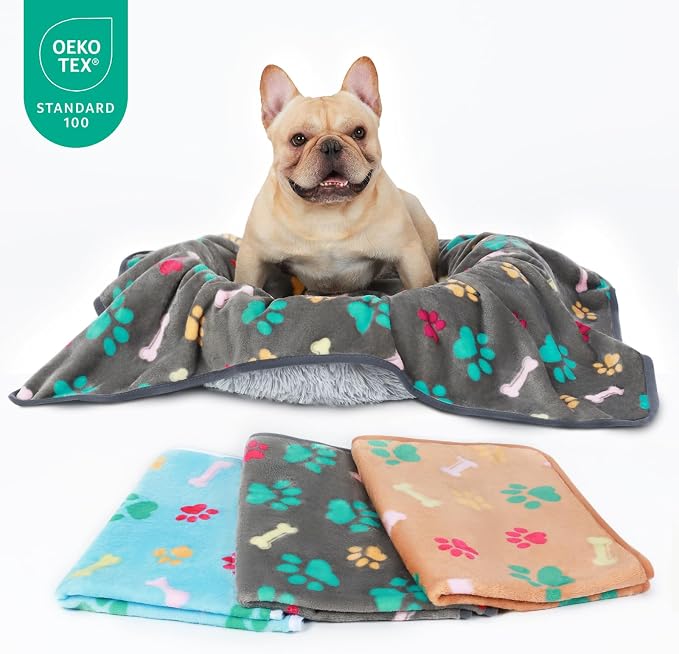 Luciphia 3 Pack 3 Blankets Fluffy Premium Fleece Pet Blanket Flannel Paw Printed Throw for Dog Cat(Small 23x16'', Grey/Brown/Blue)