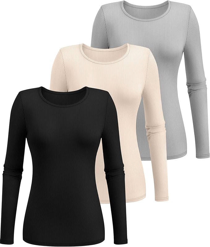 Ficerd 3 Pack Women's Ribbed Long Sleeve Tops, Crew Neck Slim Fit Undershirts Knit Basic Casual Stretch Layering Tee Shirts