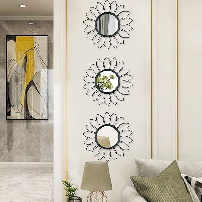 3 Pack Metal Mirrors for Wall Sunburst Wall Mirrors Home Décor Decorative Hanging Wall Art for Living Room Bedroom Entryway (Black, Flowers)