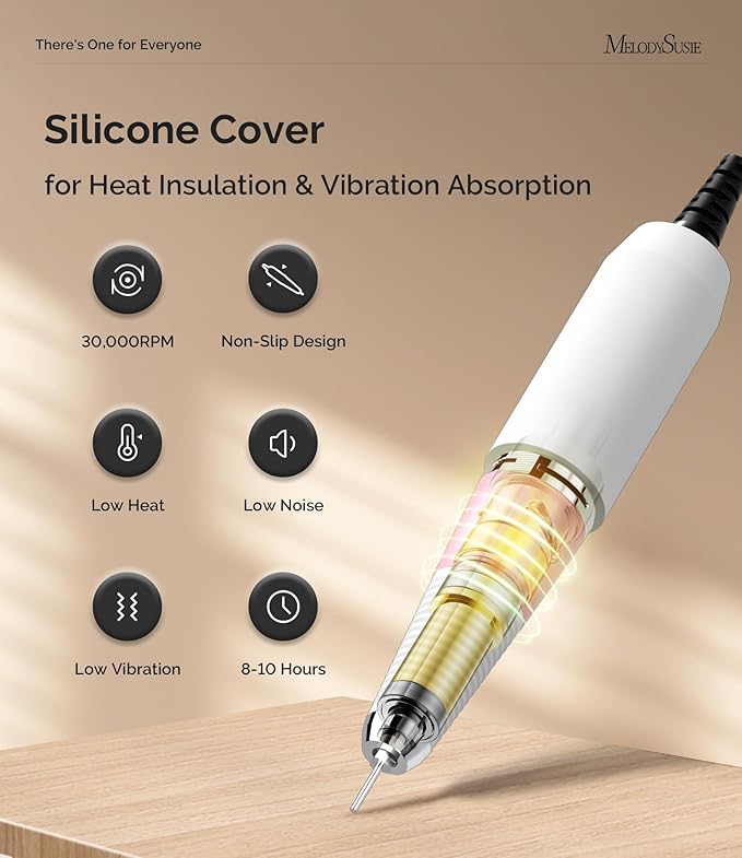 MelodySusie Entry-Level Clip-On Cordless Nail Drill with Anti-Slip Silicone Handle, SC300I 30000RPM Stable E-File for Manicure Shaping & Gel Removal, Perfect for Training, Nail Art Practice & Home Use