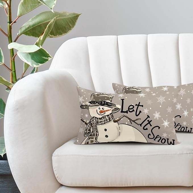 Christmas Gray Lumbar Pillow Covers 12X20 Inch Set of 2 Xmas Snowman Snowflake Decorative Pillow Cases Winter Holiday Cotton Linen Cushion Case Modern Home Decor for Sofa Couch Bedroom