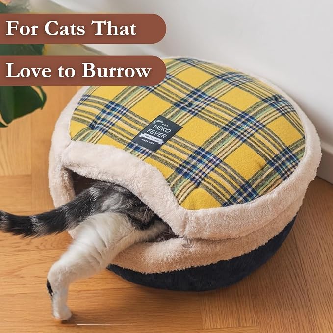 Cat Bed Cave - Enclosed Hideaway with Detachable Lid & Mat for Kitten (Redwhite) | Covered round house, Removable top, Separate liner, Cozy privacy nook, Apartment-friendly shelter, Easy cleaning setup