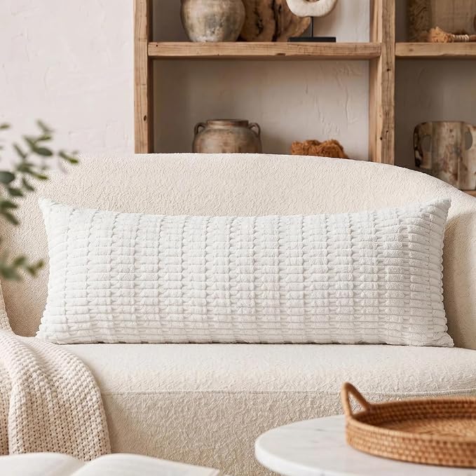 Fancy Homi Decorative Throw Pillow Covers for Bed Couch Bedroom Bench, Soft Corduroy Solid Pillow Case, Rustic Farmhouse Boho Room Decor,54" x 20" (Pack of 1),White
