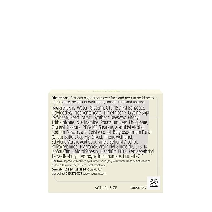Aveeno Positively Radiant Moisturizing Face & Neck Night Cream with Tone Correcting Soy & Niacinamide,Night Cream Targets Dull Skin-& Evens Skin Tone-& Texture,Hypoallergenic,1.7 oz,(Pack of 2)