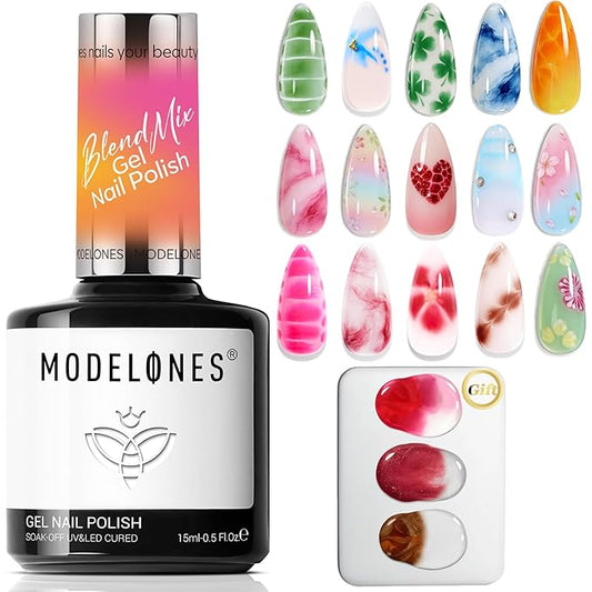 modelones Clear Blooming Gel Nail Polish 15ML with Nail Art Palette, Blend Mix Blooming Gel for Spreading Effects Floral Print Marble Watercolor Design Mix Color Glitter Power Nail Art DIY