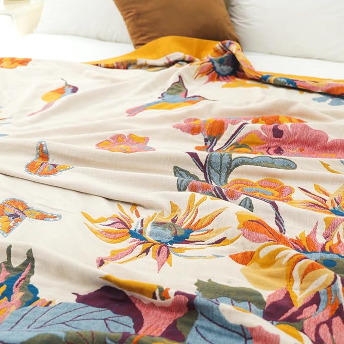 VANJOROY Boho Large Throw Blanket, 100% Organic Cotton Breathable Soft Bed King Throw - Fall Floral Bird Butterfly Farmhouse Decor Blanket for Sofa Couch Chair and Gift. 91" x 98"