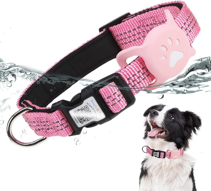 PUPTECK Airtag Dog Collar, Reflective with QR Code Buckle, Waterproof AirTag Holder Outdoor Tracking Pet Collars, Adjustable Soft Padded Durable for Small Medium Large Dogs Walking Training, Pink M