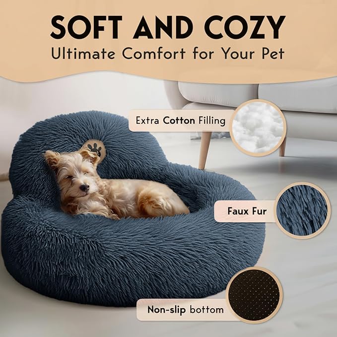 PetJett Small Dog Bed - 23'' Round Dog Beds, Calming Puppy Bed - Washable Dog Bed - Anti-Slip, Super Soft Fluffy Plush Faux Fur Pet Bed, Anti-Anxiety Premium Comfort Donut Bed, Fits Dogs Upto 25 lbs