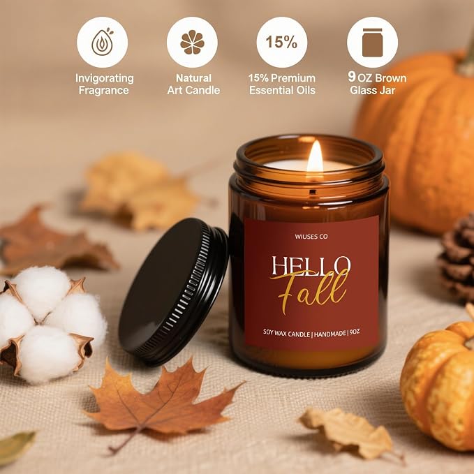 Hello Fall Pumpkin Candle for Home Scented| Organic Soy Non Toxic Candles| Long Clean Burning Aromatheraphy Jar Candel| Women,Men Gift for Autumn,Winter, Halloween,Thanksgiving,Relaxing| 9oz