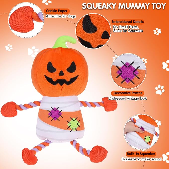 EXPAWLORER Halloween Dog Squeaky Toys - Interactive Funny Pumpkin Chew Toy