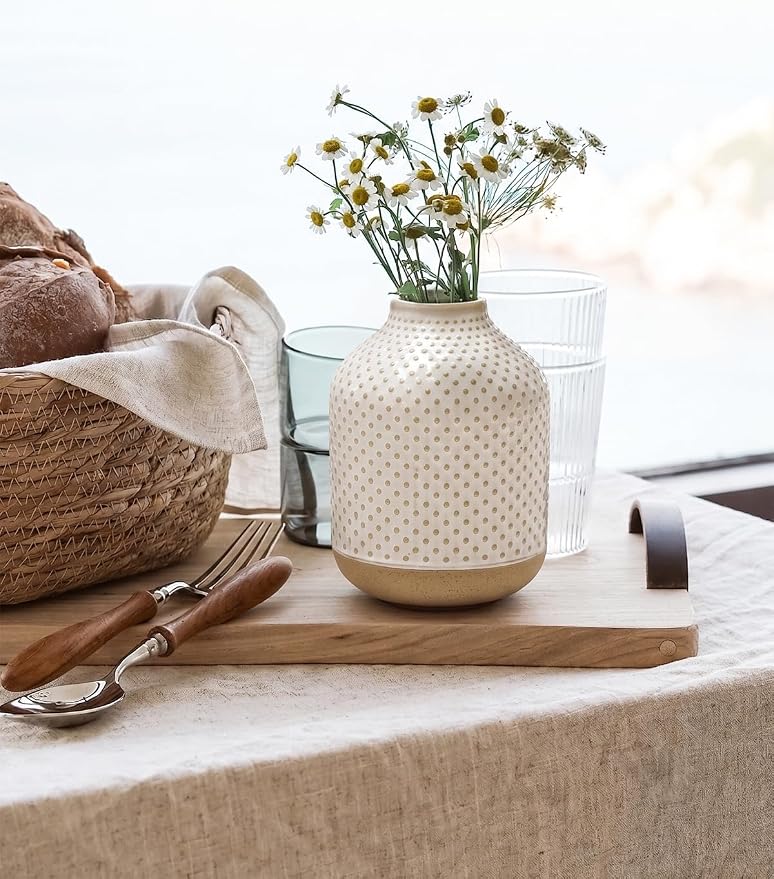 Boho Flower Vase - 5.3 Inch Ceramic White Vase for Pampas Grass, Eucalyptus & Bouquets, Small Home Decor Vases with Dot Embossment, Rustic Farmhouse Centerpiece