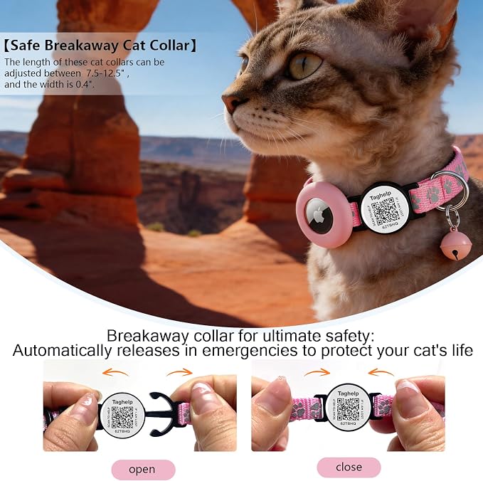2 Pack Airtag Cat Collar, Breakaway Cat Airtag with Smart ID tag & QR Code Reflective (Star Moon & Paw Pattern - Pink, with Integrated AirTag Holder)