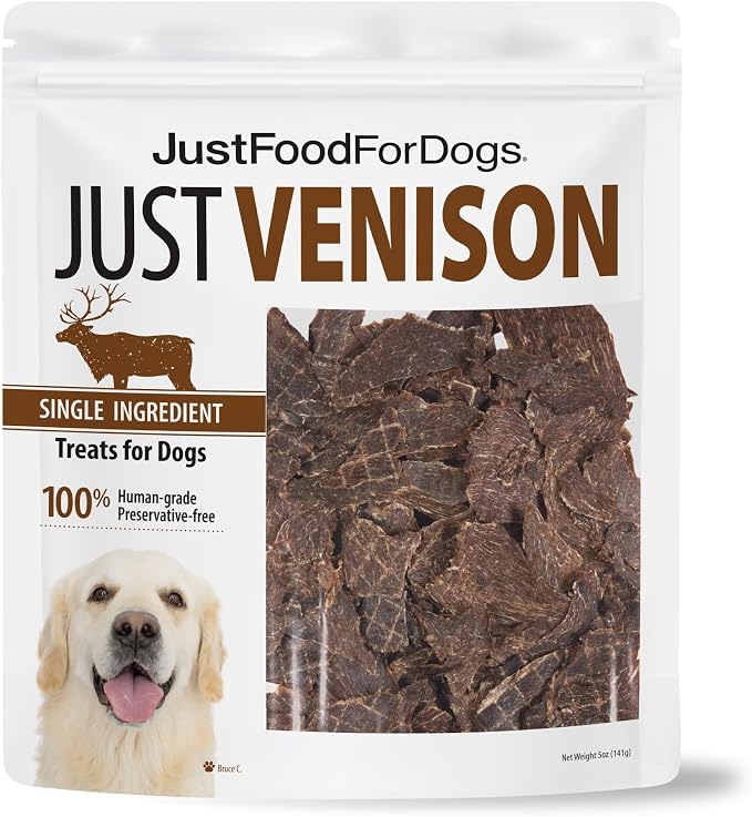 JustFoodForDogs Limited Ingredient Healthy Dog Treats and Dog Snacks, Jerky Treats, Human Grade, Preservative Free, Rawhide Free Chews, Low Calorie Treat - Venison Bark, 5 oz | Human Grade Chicken Treats for Dogs, Jerky Dog Snacks, Preservative & Rawhi...