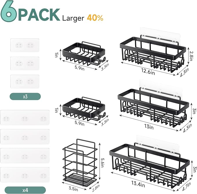 Veken Shower Caddy 6-Pack, Bathroom Organizers and Storage Shelves, Black | Advanced Rustproof Design, Large Capacity, No Drilling, Adhesive Rack with Soap Holder, Wall-Mounted Kitchen & Home Decor