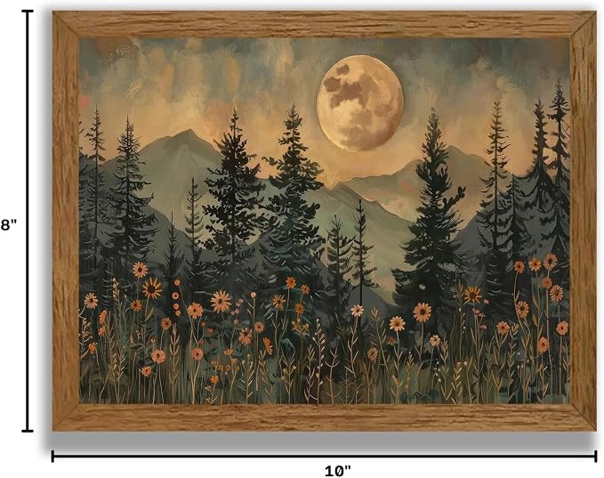 JLTULT Vintage Pine Tree Wall Art, Moonlit Wood-Framed Canvas, 8 x 10 In | Moonlit pine forest with wildflowers, fade-resistant canvas and ready-to-hang frame for bedrooms, living rooms and offices