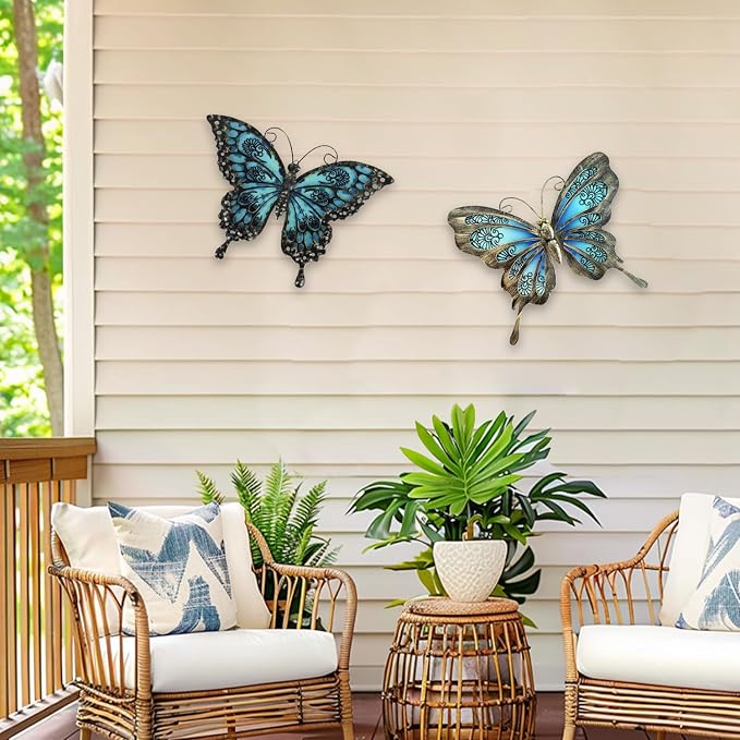 LIFFY Metal Butterfly Wall Decor,2Pack 12" Hanging Glass Butterfly Outdoor Decor,Garden Decorative Ornaments Outside for Home,Yard,Fence,Patio