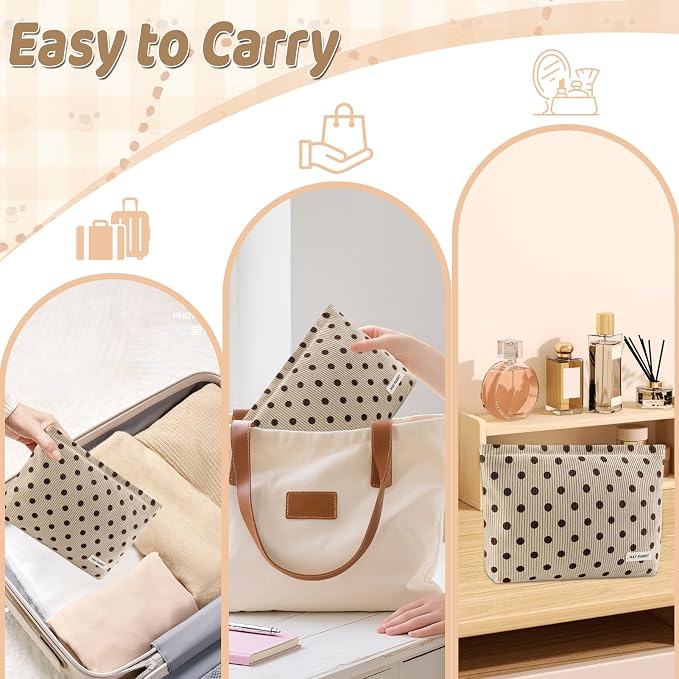 ZLFSRQ Corduroy Makeup Bag for Women Girls Cute Polka Dot Cosmetic Bag for Purse Large Capacity Trendy Zipper Makeup Pouch Toiletry Pouch Aesthetic Skincare Make Up Essentials Organizer Bags (Beige)
