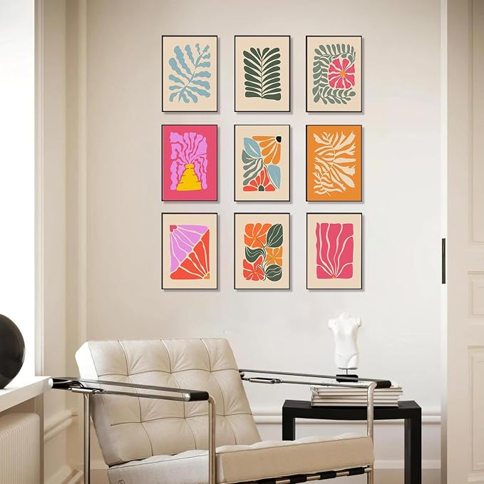 Abstract Botanical Prints Set of 9, Colorful Eclectic Gallery Wall Art Wavy Flower Floral Plant Wall Decor, Aesthetic Bedroom Decor Canvas Artwork Painting, Maximalist Art Prints & Posters for Boho | Canvas Prints, Unframed, Matisse Preppy Pictures, Wa...