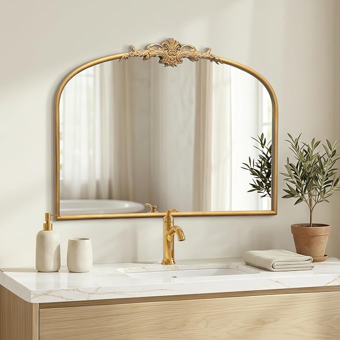 Besdomus Antique Gold Wall Mirror: 32"x24" French Ornate Decorative Mirrors | Vintage Baroque Ornate Arch Metal Framed for Mantel/Hallway/Bathroom Vanity/Bedroom - Ideal Gifts for Wedding/Birthday