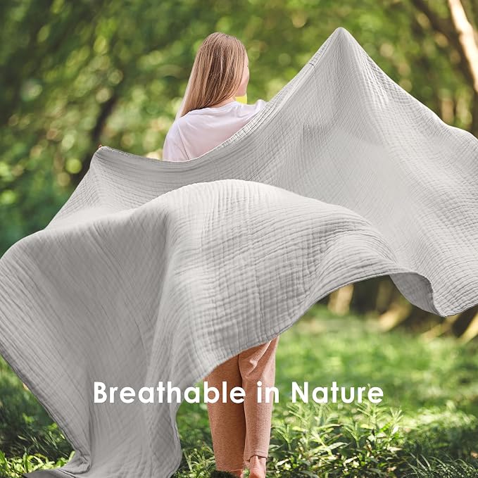 EMME Muslin Blankets for Adults Throw Blanket for Couch Breathable Gauze Soft Lightweight Airy Light Grey Queen 90" x 90"