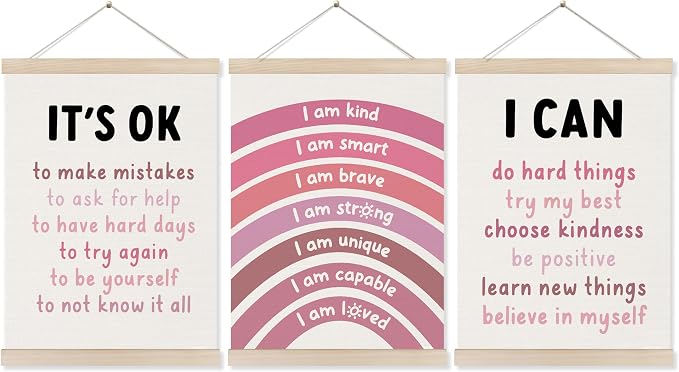 Koesus Inspirational Classroom Pink Rainbow Wall Art Poster Hanger Frame 12x16 Inch Set of 3, Positive Affirmations for Kids, Motivational Canvas Prints Framed Wall Decor for Classroom Kids Room