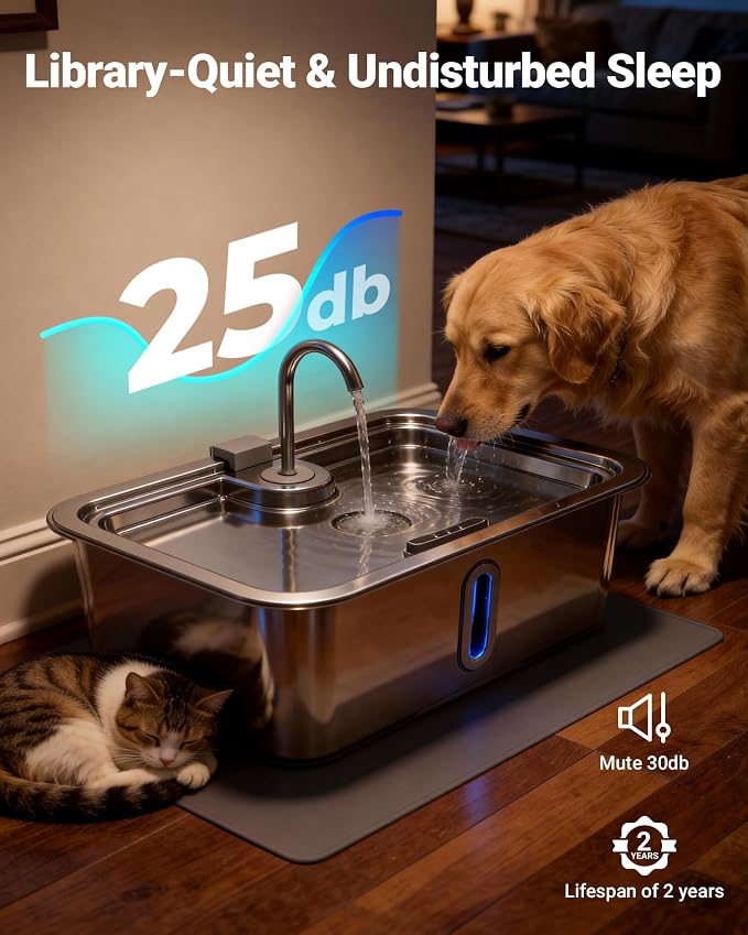 3.17Gal/12L Dog Water Fountain with Silicone Mat & 3 Filters for Dogs Cats | Stainless Steel Multi Pet Water Dispenser, Quiet Automatic Dog Water Bowl Dispenser with Visible Window & Alert Light