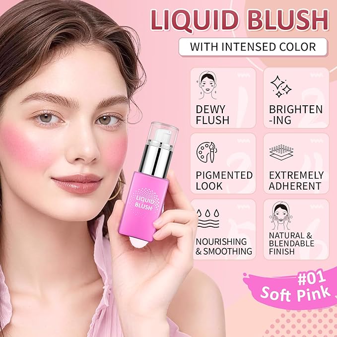 AWCCXMYM Liquid Blush for Cheeks Longwear High Pigment Blush Makeup Buildable Covers for Dewy & Radiant Flushed Cheeks Face Makeup with Natural Finish #Soft Pink