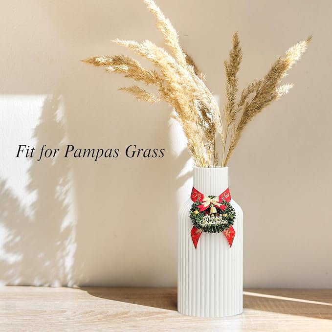 Pure White Ceramic Flower Vase for Christmas, Minimalist Modern Home Decor, Matte Finish Pampas Grass Vase for Table, Fireplace, Shelf, Mantel, Entryway and Centerpieces