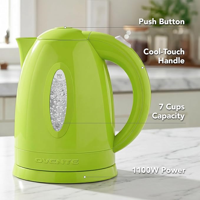 OVENTE Electric Kettle, 1.7L Fast Boiling Water Heater for Coffee or Tea, BPA Free with Water Level Gauge, Auto Shut-Off, Boil-Dry Protection, Indicator Light and Removable Filter, Green KP72G