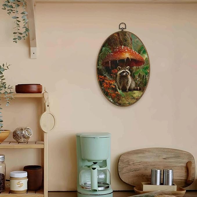 LKETW Dark Cottagecore Raccoon Mushroom Oval Wall Art Decor, Moody Cottage Oval Canvas Hanging Decor, Whimsical Botanical Raccoon Mushroom Wall Decorations for Home Bedroom Living Room, 8.6x11.4 Inch