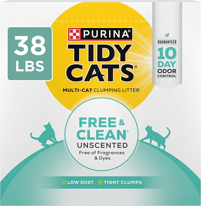 Purina Tidy Cats Free and Clean Unscented Clumping Cat Litter, 38 lb Box | Activated charcoal delivers lasting odor control, made without fragrances or dye, clumping