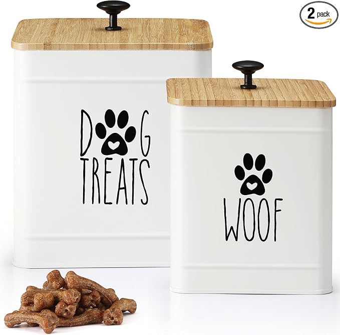 PERFNIQUE Dog Treat Container, Airtight Dog Treat Jar Set of 2, Dog Cookie Jar for kitchen Counter, Pet Treat Container, Dog Treat Canister and Storage, 7.8x6.2 & 7.3x5.5(White)