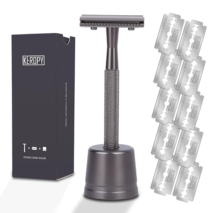 Keropy Double Edge Razor With Stand and 10 Premium Stainless Steel Blade Safety Razors For Men Shaving Razor, Matte Black Double Edge Safety Razor, Gun Black