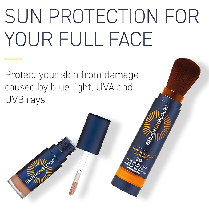 Brush On Block Full Face Sun Protection Kit, Translucent Mineral Powdered Sunscreen & Protective Lip Oil SPF 30, Reef Friendly, FSA HSA Eligible