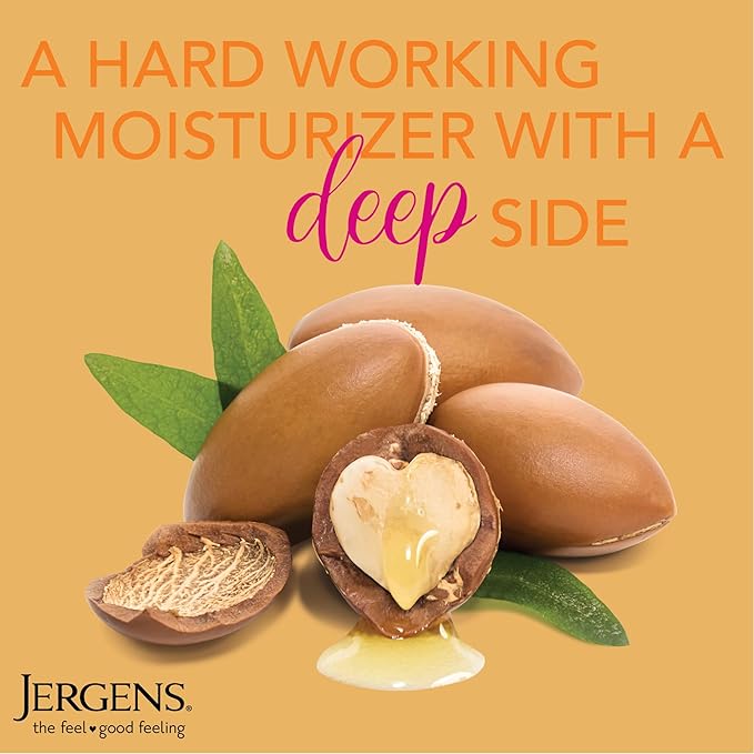 Jergens Deep Restoring Argan Oil Moisturizer, Soothing Body and Hand-Lotion with Reviving Argan_Oil and Vitamin E, Oil-Infused, Dermatologist Tested, 16.8 oz (Pack of 2)