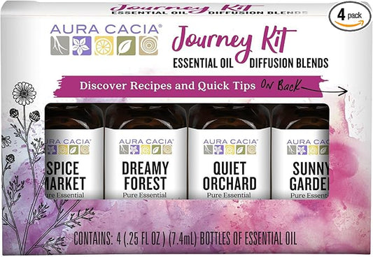 Aura Cacia Journey Essential Diffusion Oils Kit, 4-Pack, Spice Market, Dreamy Forest, Quiet Orchard & Sunny Garden Pure Oils