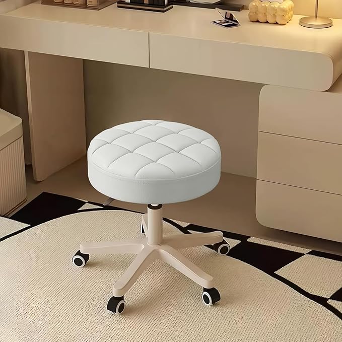 Small Rolling Stool with Wheels, PU Leather Height Adjustable Vanity Work Task Stool, 360 Swivel, Padded Seat Cushion, for Salon, Home, Office