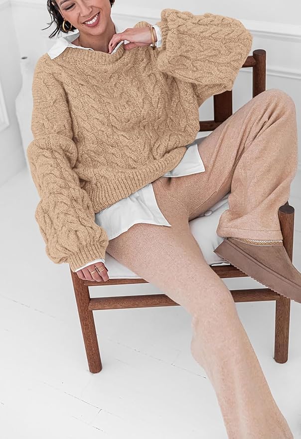 PRETTYGARDEN Womens Sweaters Spring 2026 Cable Knit Long Sleeve Crewneck Oversized Sweater Chunky Pullover Loose Outfits