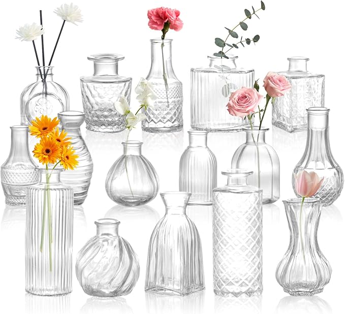 DOMESTAR 16 PCS Glass Bud Vases Set, Small Clear Cylinder Vases | Propagation Station, Plant Terrarium, Rustic Wedding, Table Centerpieces, Modern Living Decor