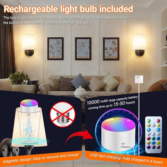 YHCDLAMP Peel and Stick Wall Sconces, No Drilling Stick On Wall Sconce, Wireless Battery Operated Wall Lights, Adhesive Wall Lamp with 10000mAh Battery Bulb for Bedroom Living Room Decor