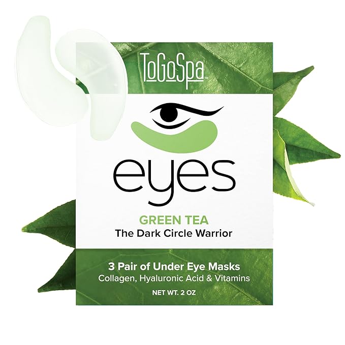 ToGoSpa Green Tea EYES, Dark Circle Warrior | Premium Clean Anti-Aging Gel Pads with Collagen, Hyaluronic Acid, Aloe Vera, Vitamins C & E, Taurine, and Green Tea Extract - 3 Pack