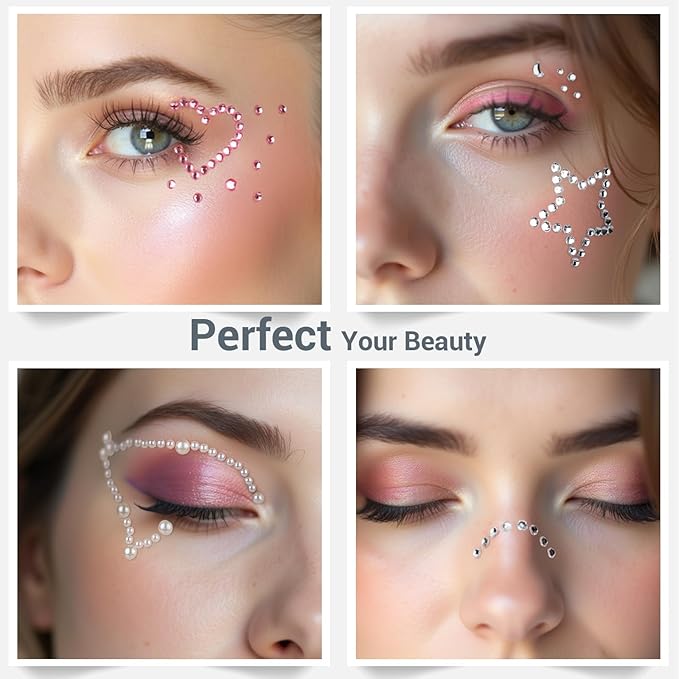 Teenitor Self Adhesive Face Gems, Face Gems Rhinestones Pearl Stickers, Hair Accessories for Girls, Rave Accessories for Women, Face Jewels for Face, Eye, Hair, Body