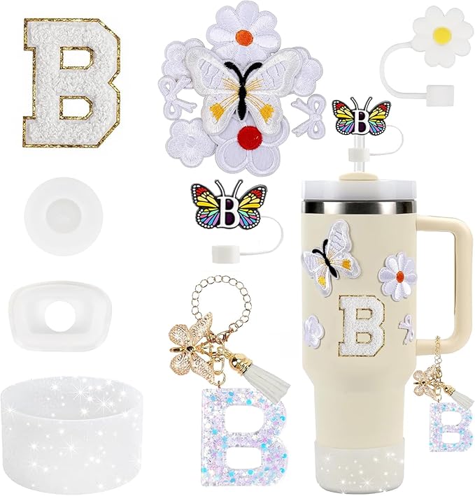 15PCS Cup Accessories Set for Stanley Cup 30oz 40oz Tumbler with Handle, Including Silicone Straw Cover and Boot, Spill Proof Stopper, Stanley Charms, Handle Charm, Initials Sticker