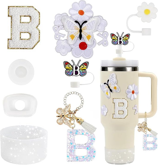 15PCS Cup Accessories Set for Stanley Cup 30oz 40oz Tumbler with Handle, Including Silicone Straw Cover and Boot, Spill Proof Stopper, Stanley Charms, Handle Charm, Initials Sticker