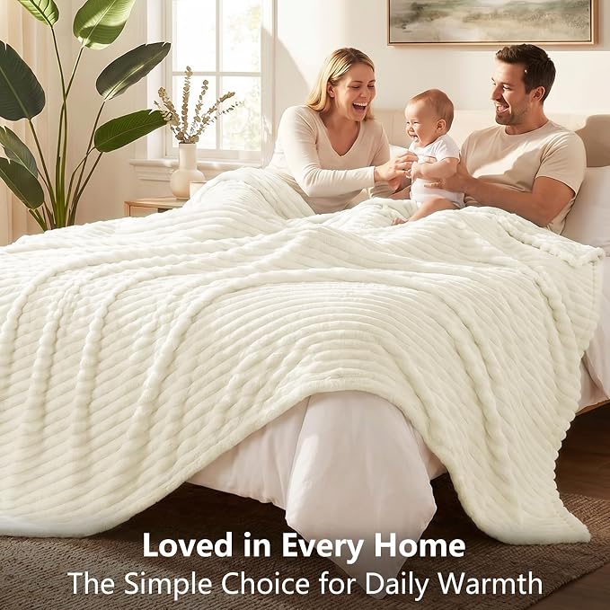 Cream White Twin Blanket for Bed & Couch, 60 x 80 Inch | 300GSM Ribbed Fleece Blanket, Soft, Cozy & Lightweight, OEKO-TEX Certified, All-Season Use for Travel, Dorm & Home Decor