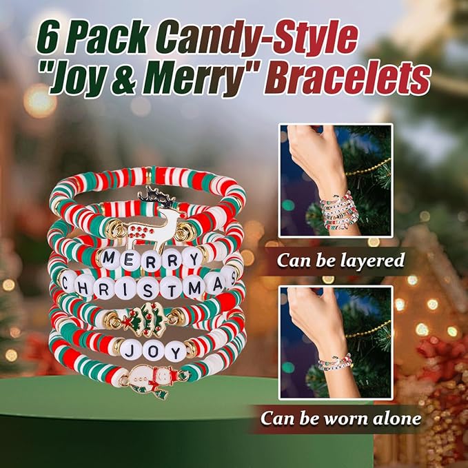 Mysense Red Silver Green Body Glitter Stick and 6 Pack Joy & Merry Christmas Bracelets Set,Christmas Gifts for Grandkids Teens Women,Festive Stocking Stuffers,Party Favors and Decorations