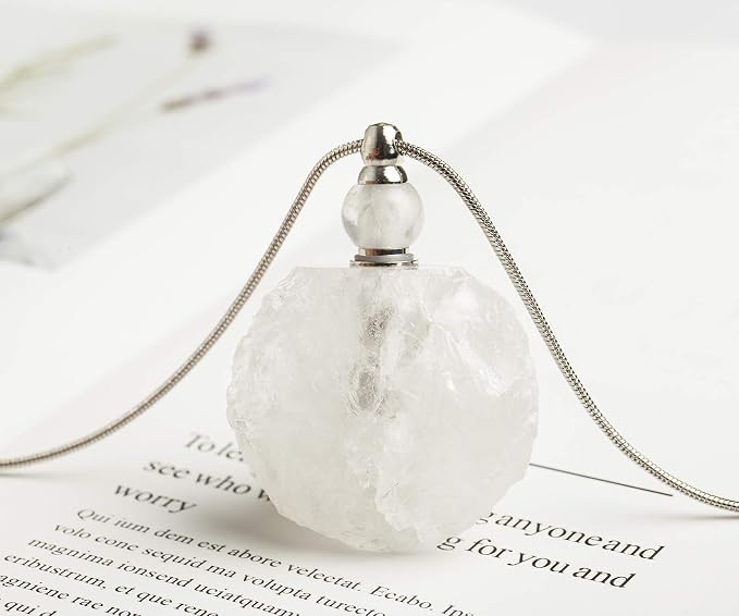 AMOYSTONE Natural Crystal Perfume Necklace Women Long Necklace Clear Quartz Gemstone Perfume Essential Oil Diffuser Bottle Pendant, 1P Irregular Unpolished